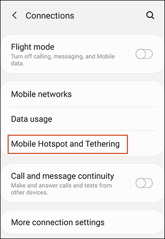 گزینه Mobile Hotspot and Tethering در اندروید برای هات اسپات